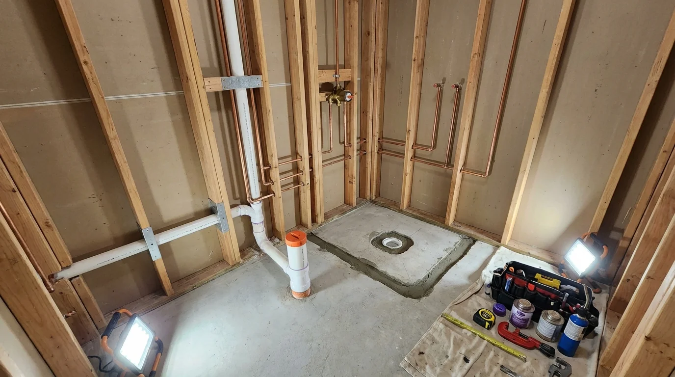 Bathroom rough-in plumbing during remodel by Johns Plumbing LLC in Leonia