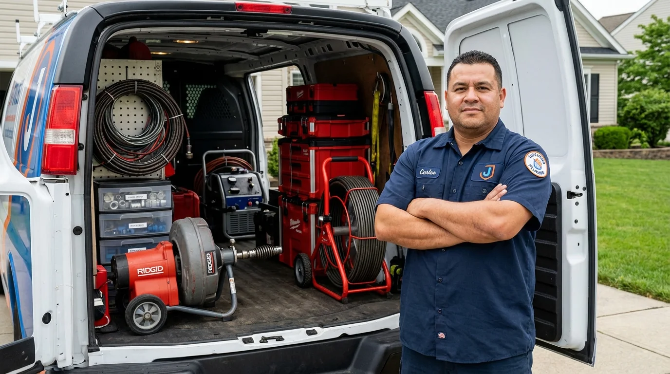 Professional drain cleaning equipment and Johns Plumbing LLC plumber in Leonia