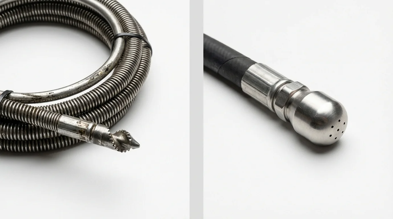 Drain snake cable and hydro jetting nozzle used for drain cleaning in Leonia, NJ
