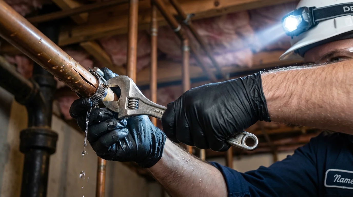 Emergency pipe clamp repair being performed by a Johns Plumbing LLC plumber in Leonia